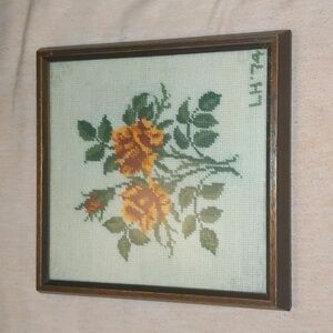 Vintage Needlepoint Floral custom framed artwork. 11 in. Square